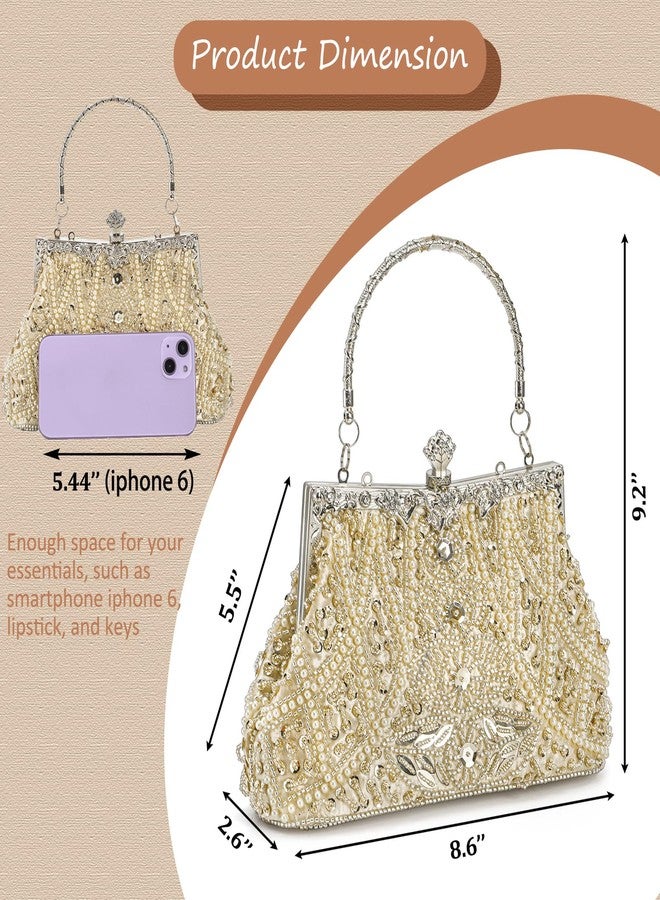 WRINGKIT 1920s Vintage Evening Bag, Champagne Beaded Clutch Purse for Woman, Elegant Rhinestone Clutch Crossbody Bag with Sequin Pearl, Evening Handbag Shoulder for Formal Bridal Wedding Party Prom - Image 2